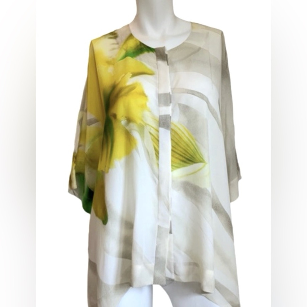 Lafayette 148 NY Yellow Floral Print Silk Blouse Top